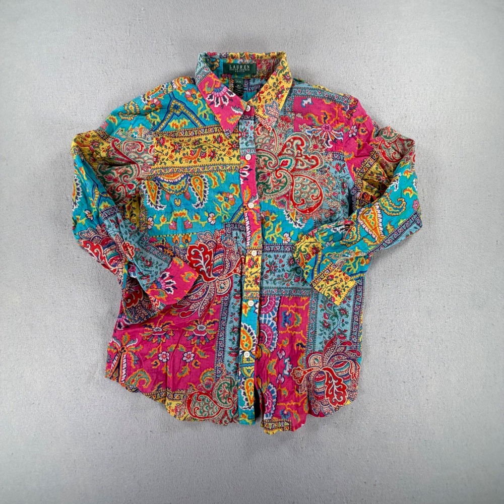 Lauren Ralph Lauren Women's Petite M Paisley Patchwork Long Sleeve Cotton Shirt